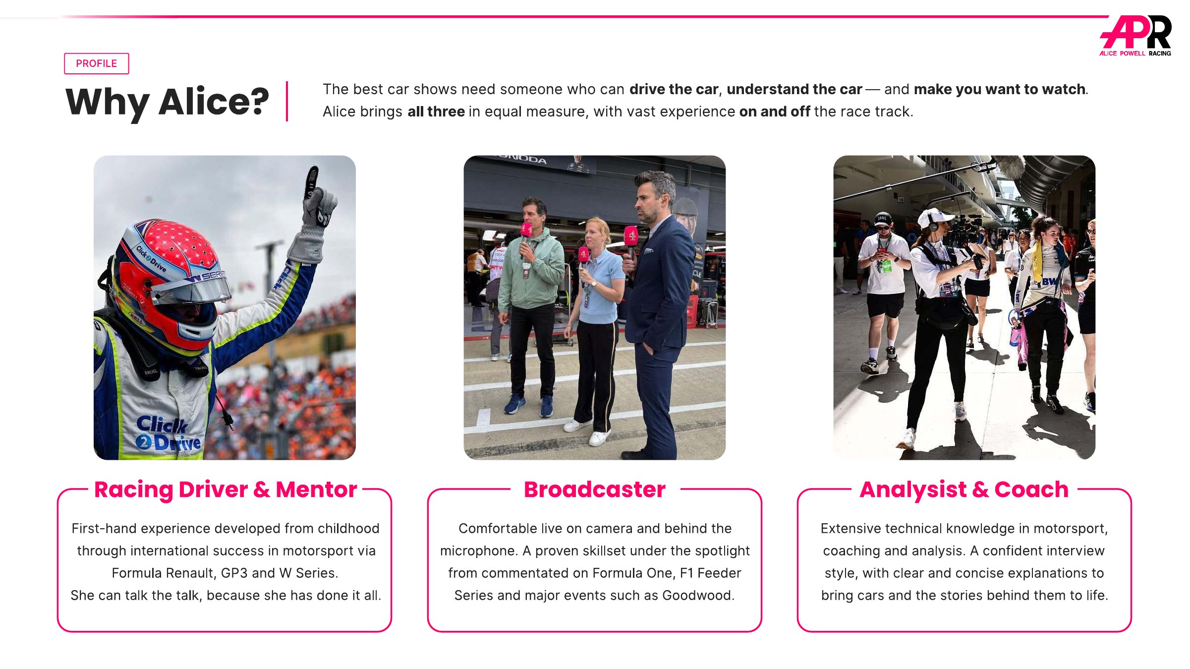 Why Alice? Racing driver and mentor, broadcaster, analyst and coach.