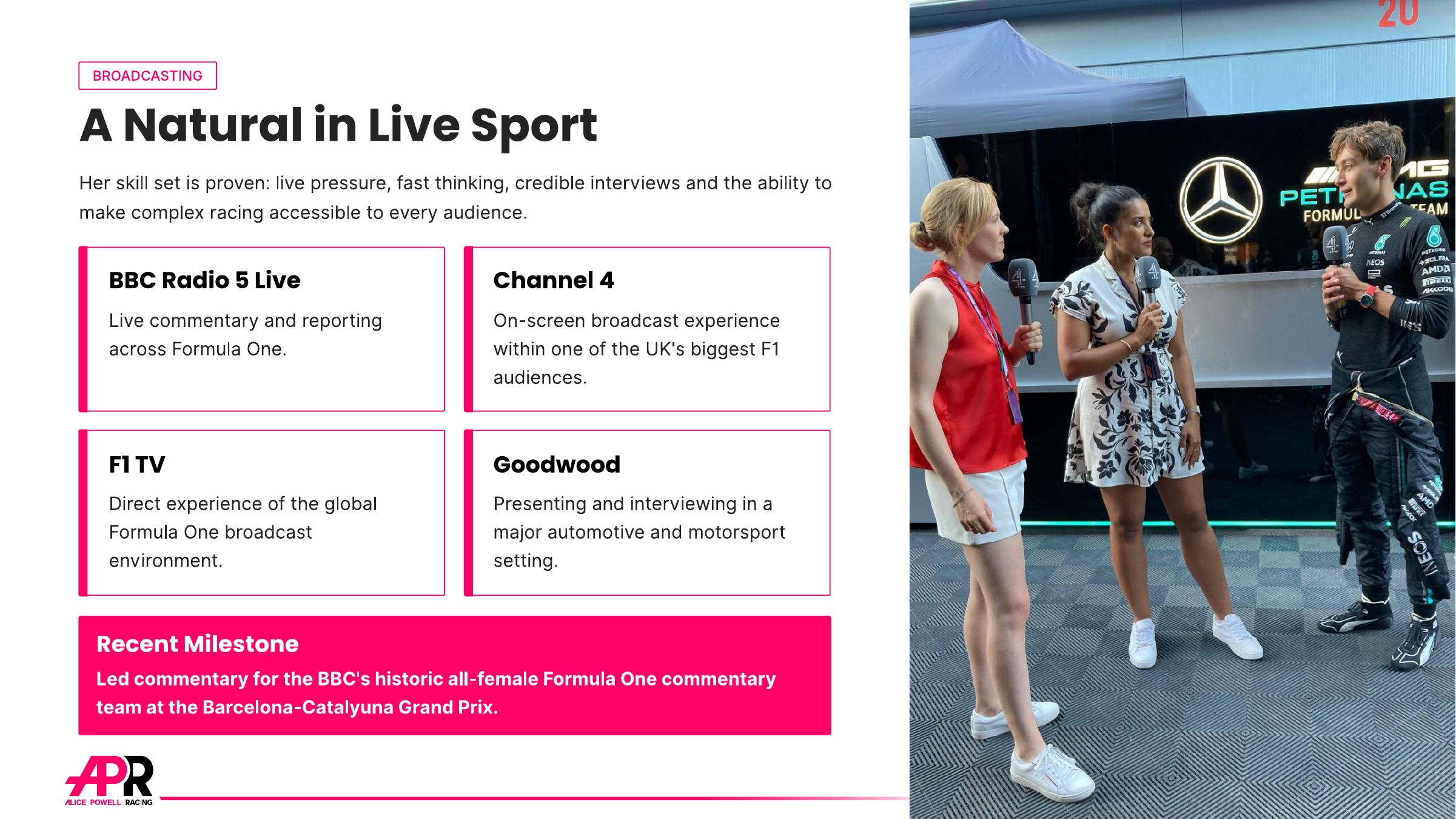 A Natural in Live Sport: BBC Radio 5 Live, Channel 4, F1 TV and Goodwood, and leading the BBC's historic all-female Formula One commentary team at the Barcelona-Catalunya Grand Prix.