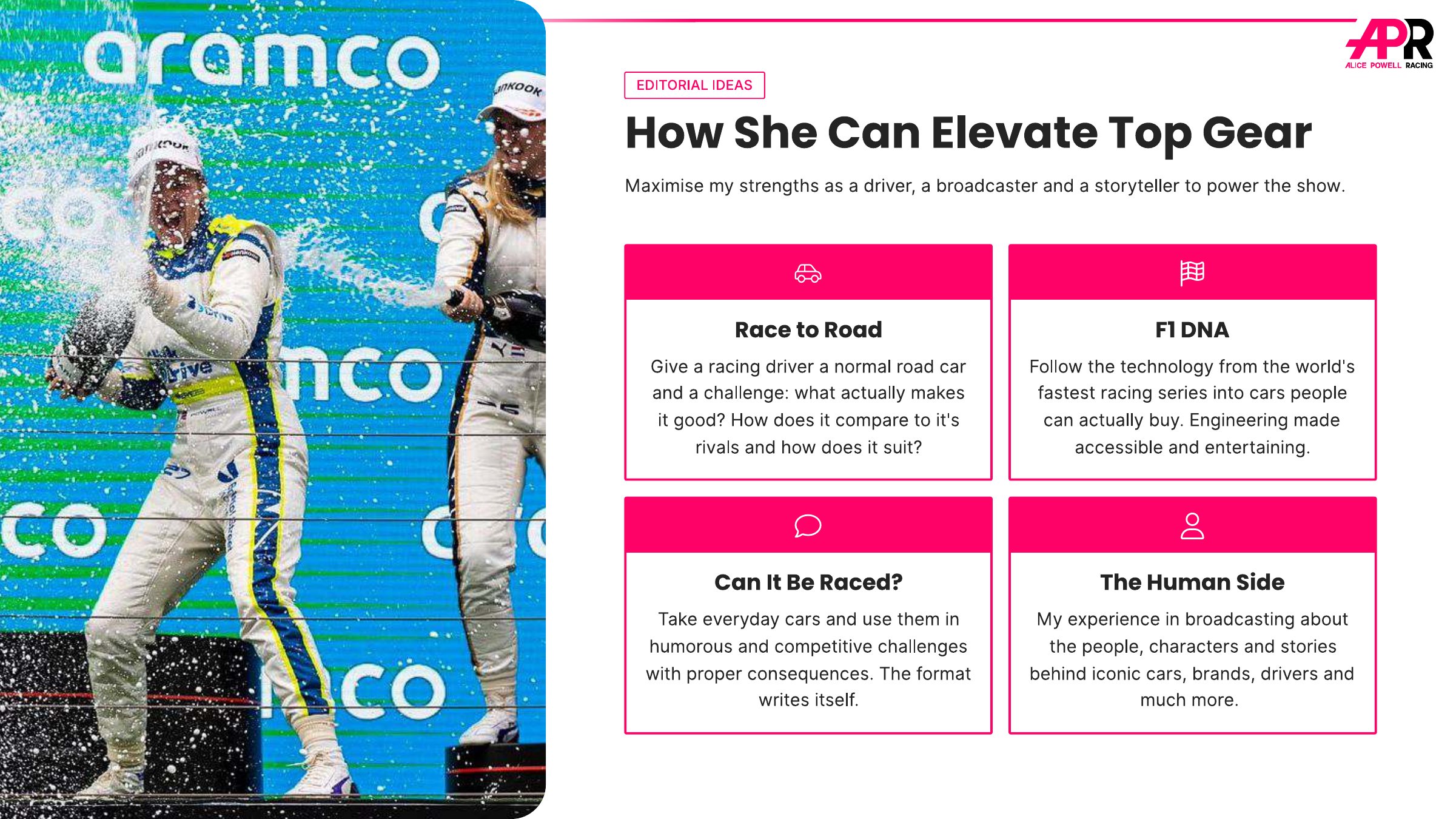How she can elevate Top Gear: race to road, F1 DNA, can it be raced?, the human side.
