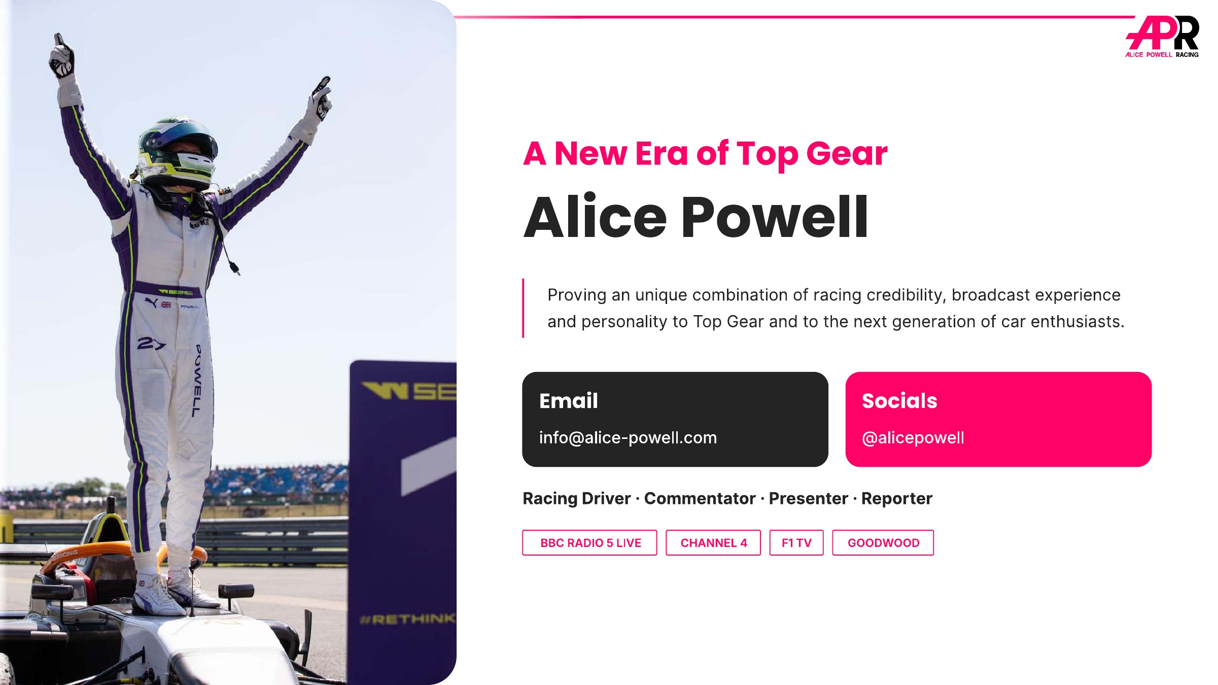 A New Era of Top Gear: Alice Powell. Email info@alice-powell.com, socials @alicepowell.